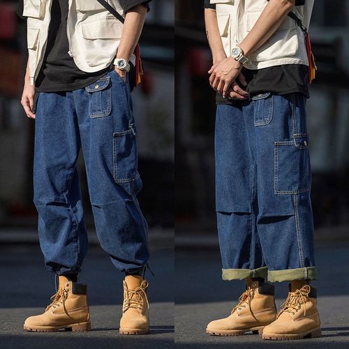 刚拓者(gangtuozhe)牛仔萝卜裤男宽松大码胖子春秋季裤阔腿裤束脚哈伦