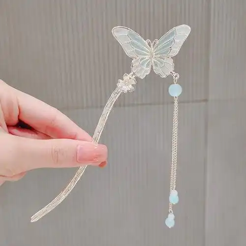 超仙蝴蝶流苏发簪古风感盘发汉服簪子步摇新中式旗袍国风发钗