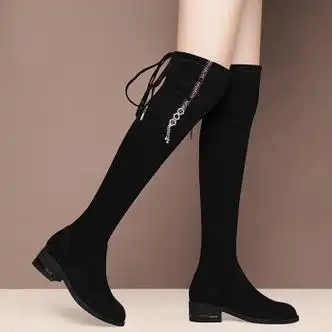 翠尧娄轻奢品牌黑色长靴女过膝小个子秋冬季2021年新款加绒弹力高筒粗