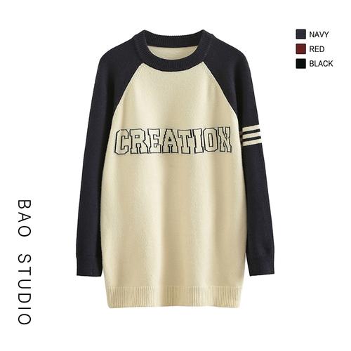 bao studio 韩系ins英文字母中长款毛衣女秋冬季加厚打底圆领毛衣