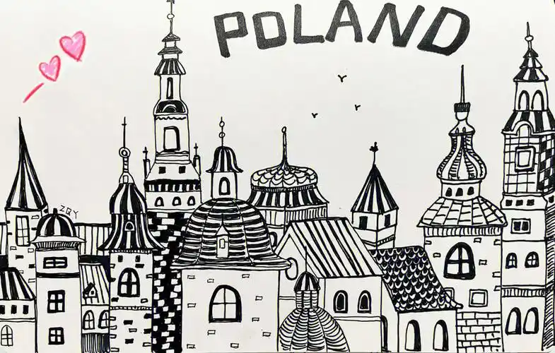 黑白线描画欧洲建筑