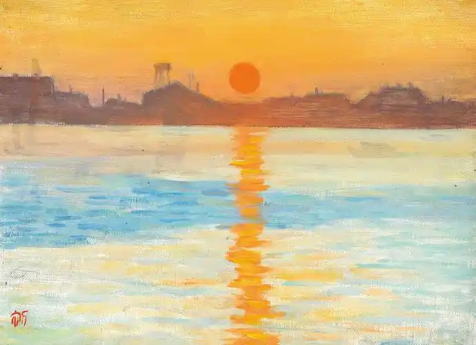 周碧初 黄浦江的早晨 布面 油画裱于纸