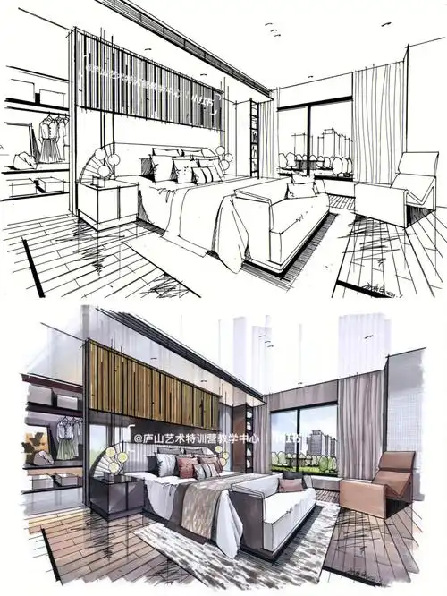 卧室手绘效果图附高清线稿适合临摹噢