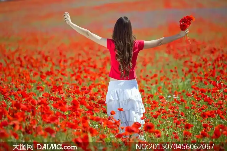 站在花丛中的美女背影摄影高清图片