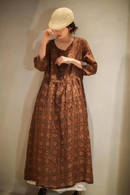 苎麻连衣裙女文艺宽松v领七分袖显瘦复古印花宽松大码长款麻裙