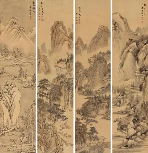 0436仿古山水四景四件屏轴设色绢本