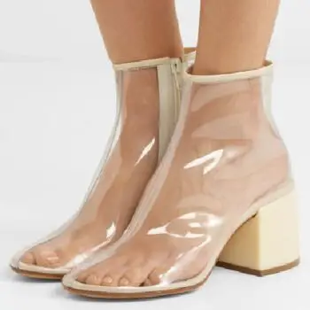 欧美 水晶跟透明靴子女欧美夏季高跟pvc透明短靴网红单靴塑料雨靴超大