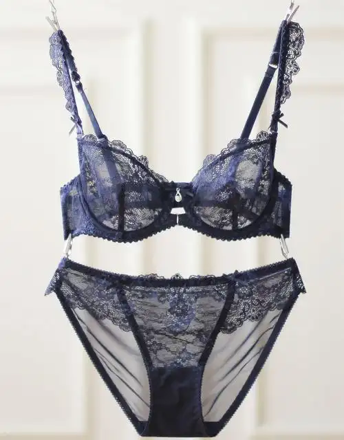 正品欧美全透明文胸小胸超薄蕾丝性感内衣套装大码网纱火辣镂空春夏