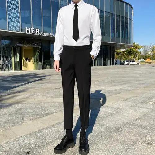 白衬衫男ins韩版修身垂感长袖无口袋衬衣上班正装黑西裤一套商务