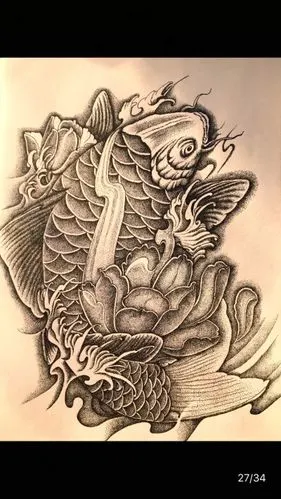 纹身 鲤鱼 荷花 浪花 点刺 黑白 线条