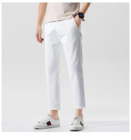 休闲裤男白色休闲裤男纯棉简约百塔纯白色裤子男修身小脚九分裤男士