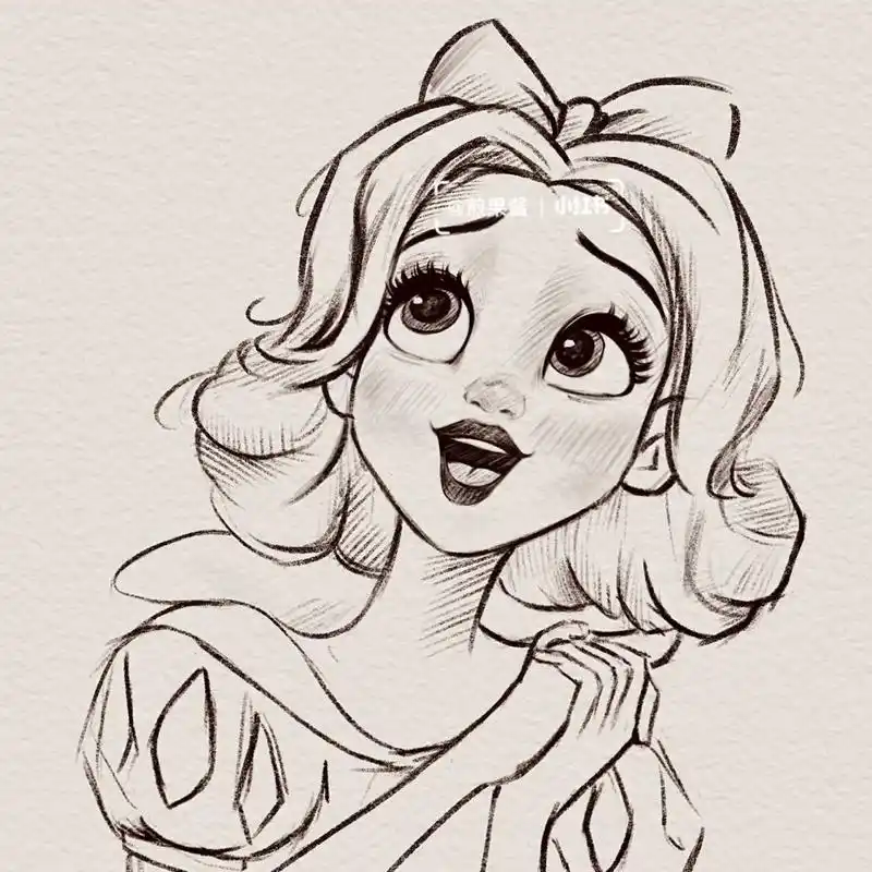 迪士尼公主手绘铅笔线稿|白雪公主 铅笔线稿卡通人物练习8215 没