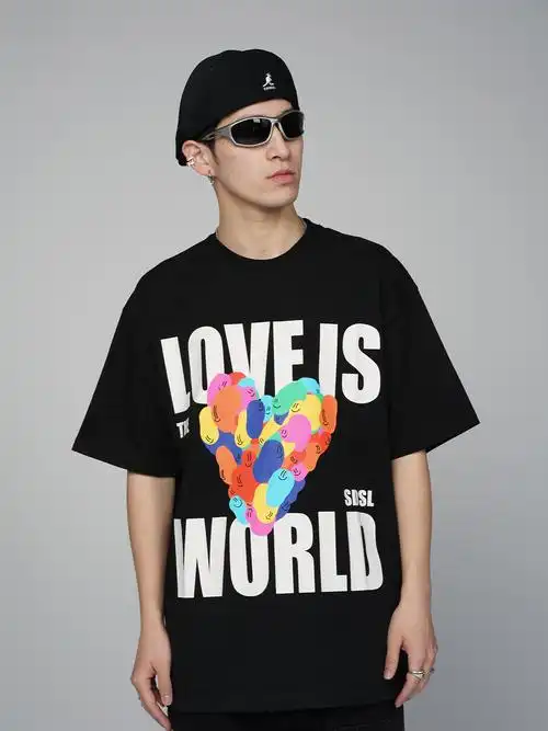 sdsl圆领纯棉发泡趣味印花短袖爱心美式潮流t恤