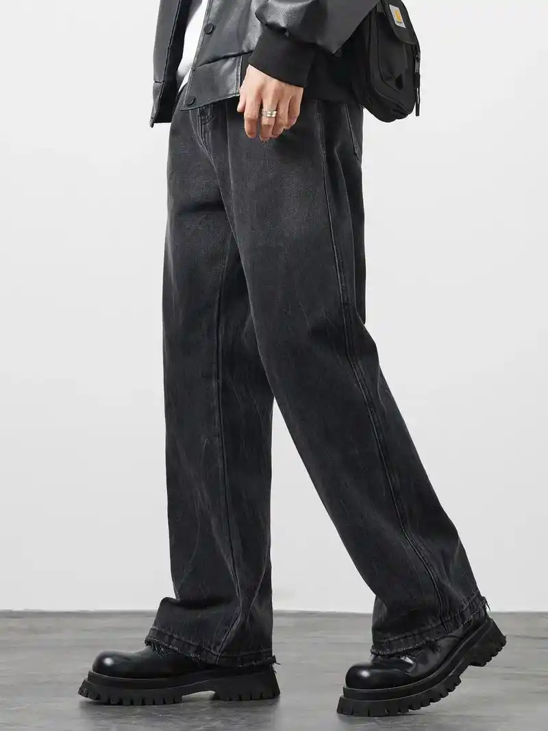 黑色美式潮流直筒牛仔裤男生.