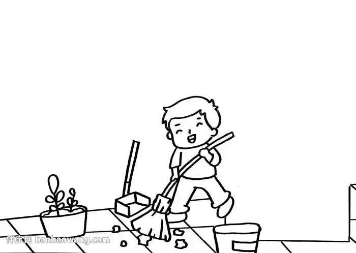 习惯养成手抄报     首先画出地面,画上一位小朋友正在打扫卫生,顶部