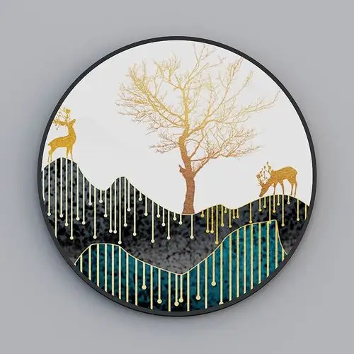 艾尔兰装饰画高档新中式北欧简约造型正圆形个性艺术山水画水墨画客厅