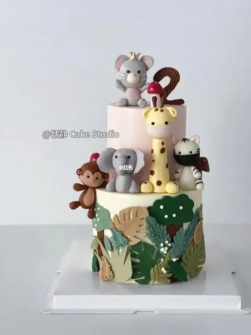 翻糖小动物公仔双层二周岁卡通蛋糕