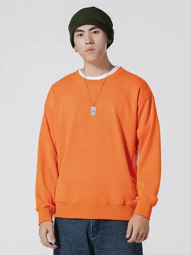 秋季新款圆领卫衣男士橙色长袖潮牌韩版宽松纯色休闲男装套头衣服