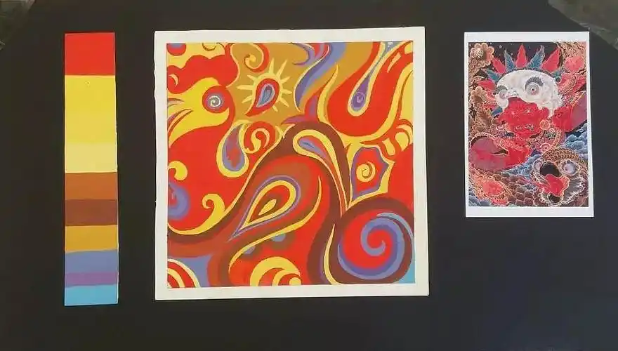 对唐卡的色彩进行提取,加入创意的元素,用线条与图案来表达对唐卡的