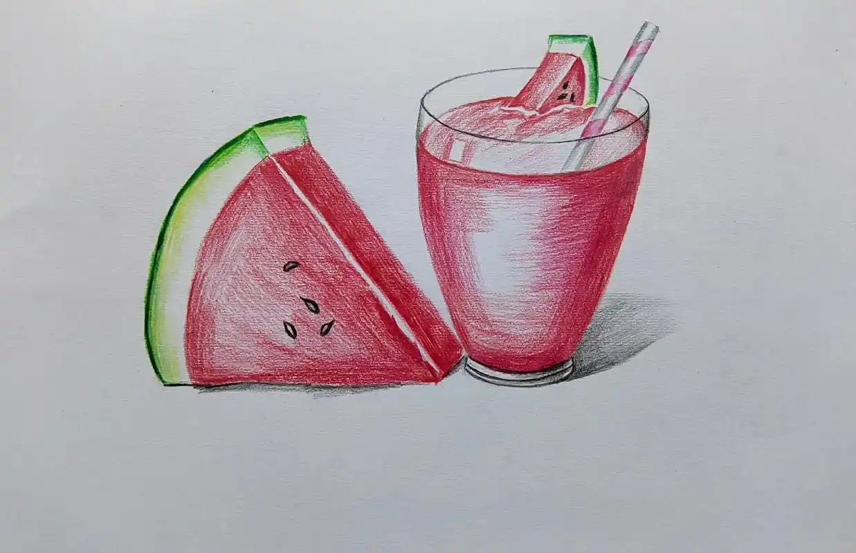 简单易学的彩铅西瓜和西瓜汁饮料画法.#零基础学画画 #图文伙 - 抖音