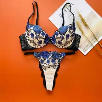 春夏有钢圈文胸女性感透气网眼刺绣蕾丝三角裤裤内衣内裤套装 文胸 t