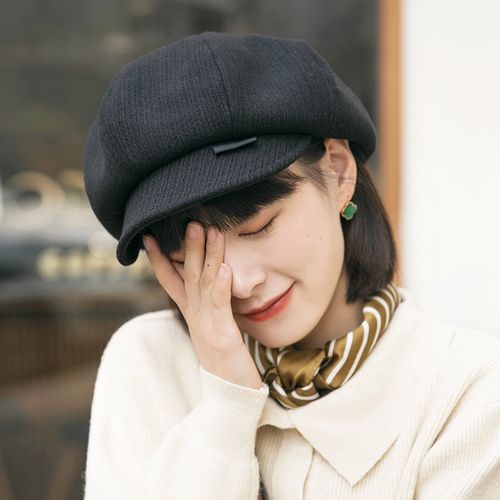 秋冬八角帽女日系百搭纯黑色报童帽女士时尚冬季鸭舌帽新款帽子女