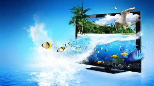 显示器3d创意广告,大海,热带鱼,棕榈树 壁纸 - 1920x1080