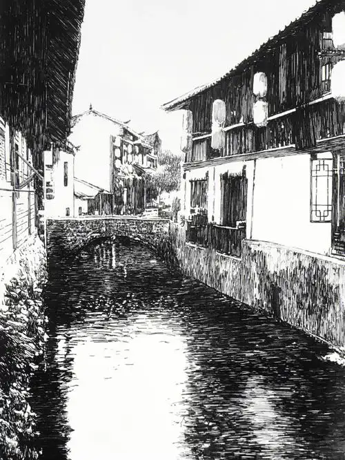 钢笔画江南小镇