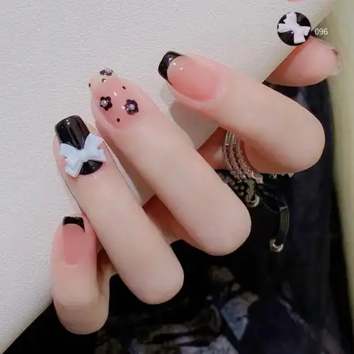 指甲气质法式珍珠小黑黑花穿戴美甲蝴蝶结学生指甲彩妆