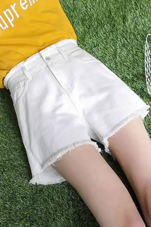 白色牛仔短裤女夏2019新款学生高腰显瘦百搭a字阔腿毛边热裤