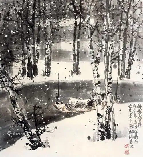 0055瑞雪寒林纸本镜片