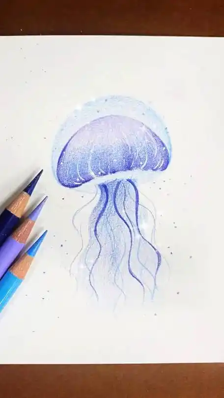 零基础彩铅绘画教程:一个半圆三支笔简单画漂亮水母