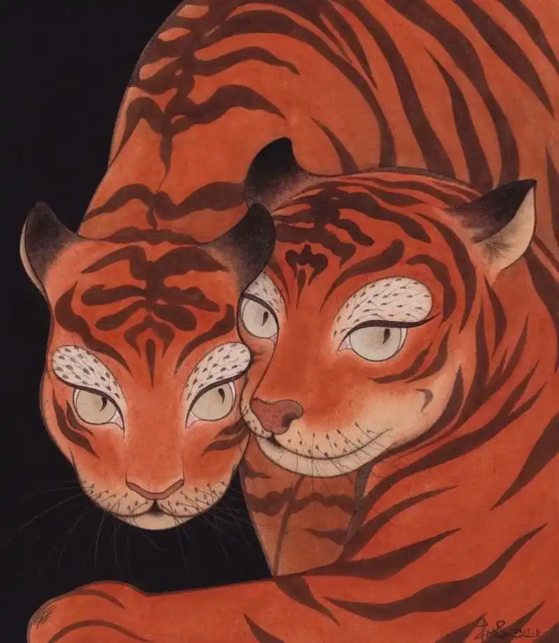 相亲相爱的两只大猫……杜媛媛国画作品《两只老虎》 国画/纸本 - 抖