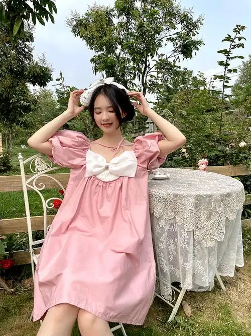 少女牧羊落跑新娘落跑新娘粉色泡泡连衣裙白珍珠蝴蝶结连衣裙