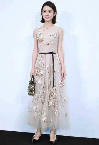 赵丽颖明星同款刺绣仙女高腰长款公主连衣裙