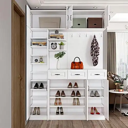 进门多功能衣柜换鞋凳大容量鞋柜家用挂衣架一体带镜子顶柜高柜子