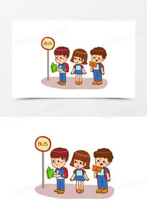 手绘卡通学生排队等车素材