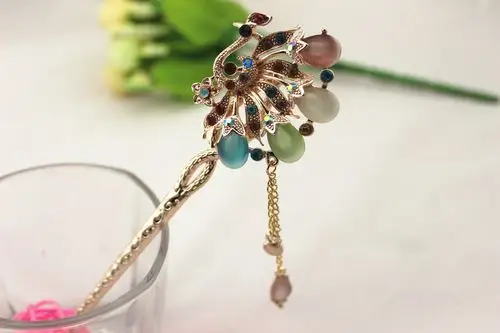 韩国盘头发饰复古代镶宝石孔雀步摇流苏一字簪子古典发簪汉服配饰