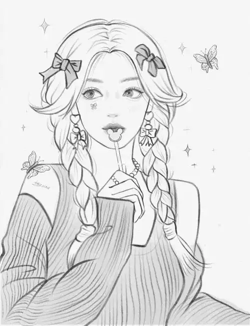 板绘麻花辫少女线稿3