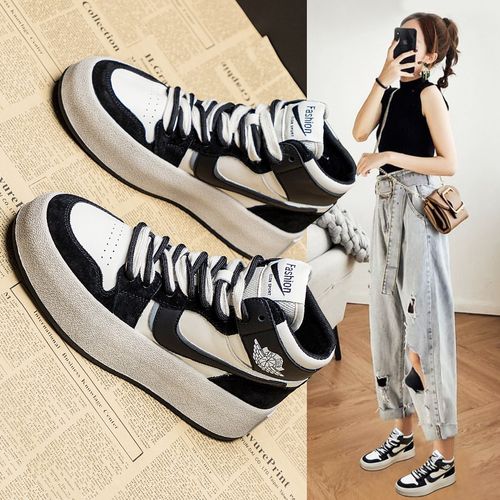 高帮鞋女2022春季新款爆款板鞋加绒熊猫鞋aj运动鞋真皮休闲老爹鞋