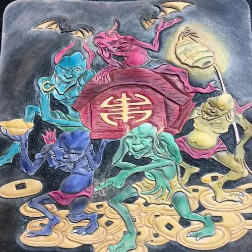 鑫渔皮艺原创纯手工皮雕长钱夹五鬼运财