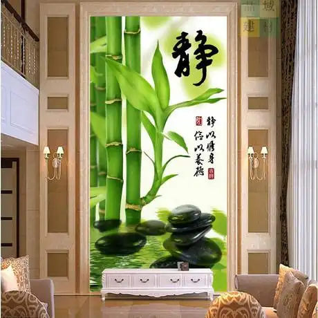 瓷砖背景墙中式客厅玄关过道背景墙瓷砖雕刻意境竹子静字