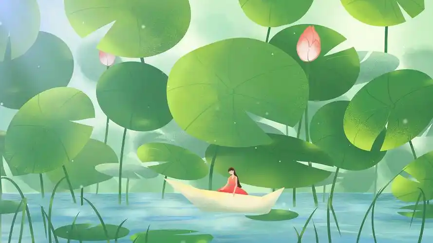4k手绘卡通风节气夏至荷塘女孩夏季夏至插画背景视频夏天插画hd绿色小