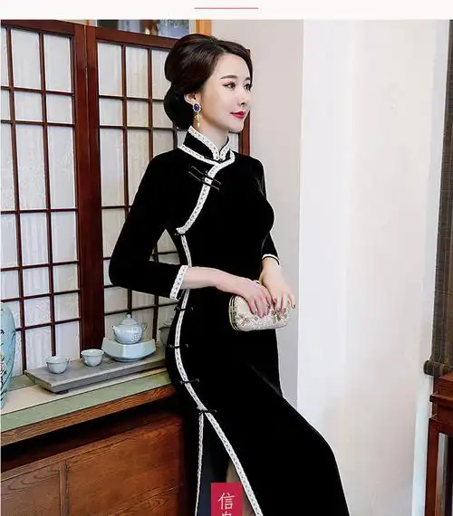 2019秋季新品复古女装中老年金丝绒旗袍长款修身显瘦妈妈中式礼服