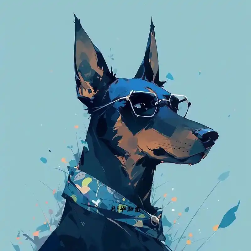 蓝色风暴97戴眼镜的杜宾犬头像插画 杜宾真的好飒哇,不愧是警犬.