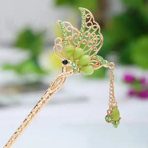 韩国盘头发饰品复古代仿玉孔雀步摇流苏一字簪子古典发簪汉服配饰