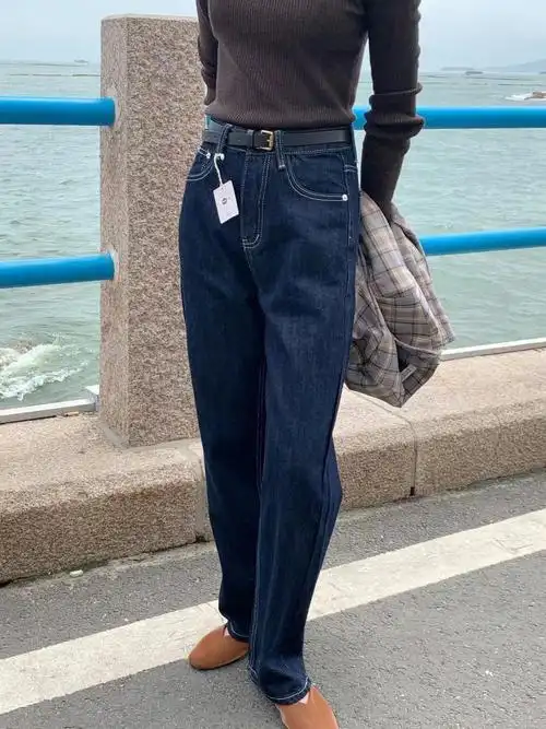 深蓝色高腰显瘦牛仔裤06