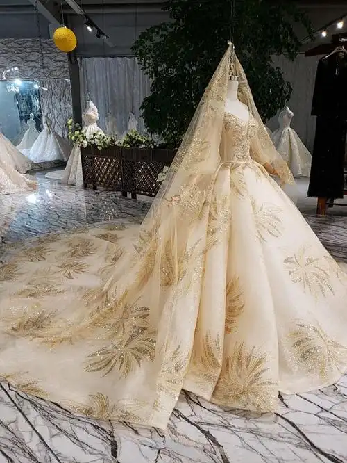 一字肩婚纱纯白色金色重工长袖主婚纱租大码孕妇胖mm新娘法式宫廷风