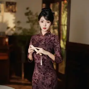 秋冬新款旗袍双层烂花绒修身气质旗袍烟红色复古老上海旗袍小长款