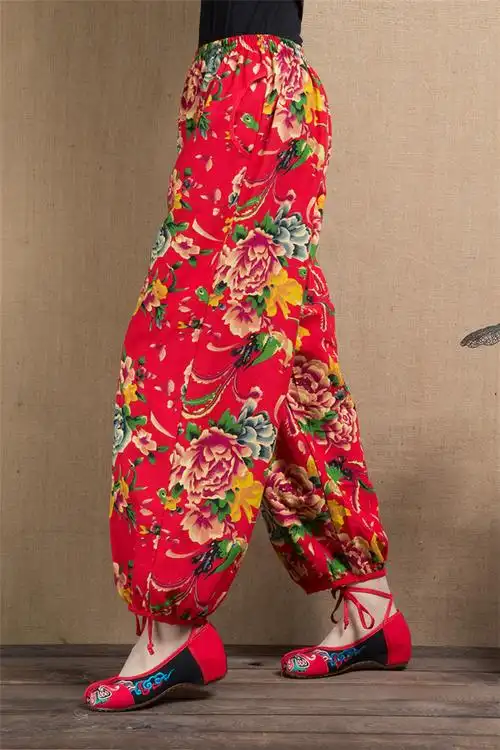 夏女装棉麻休闲灯笼裤阔腿裤民族风裤子舞蹈女长裤印花裤 6号色 2xl